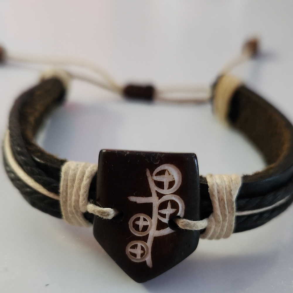 Men's Black and Brown Leather Bracelet with Tribal Design